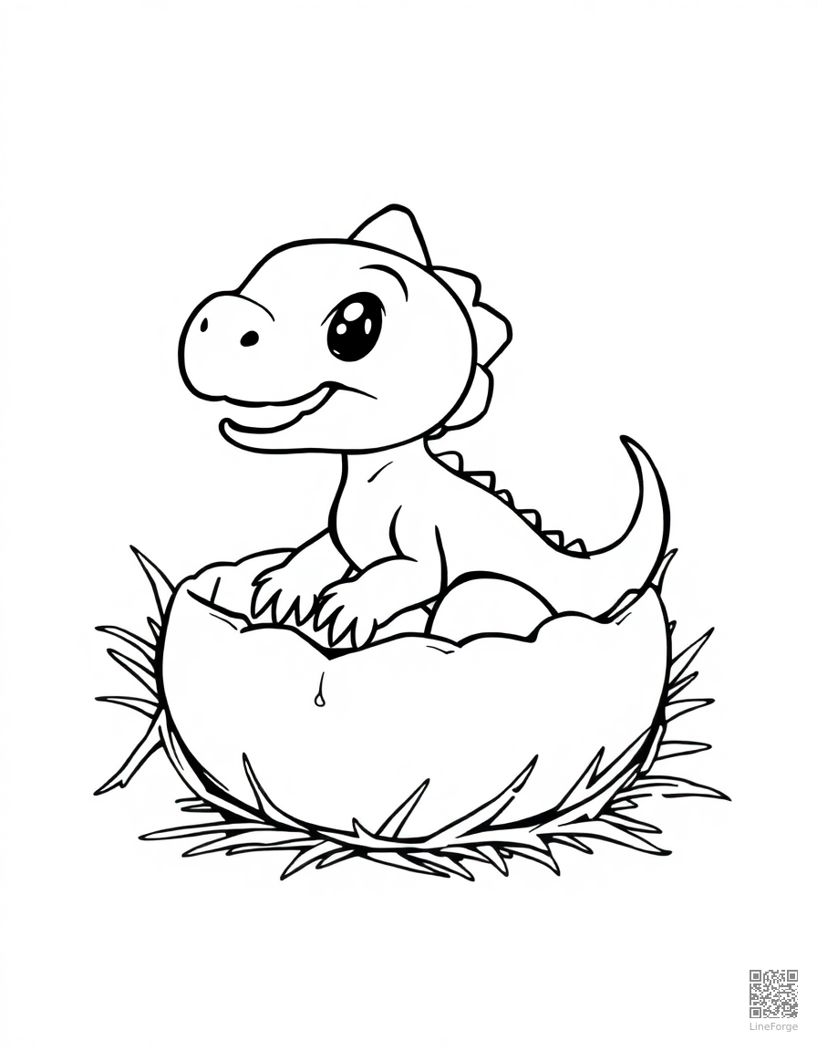 A baby dinosaur hatching from an egg in a nest coloring page Contour style - free printable