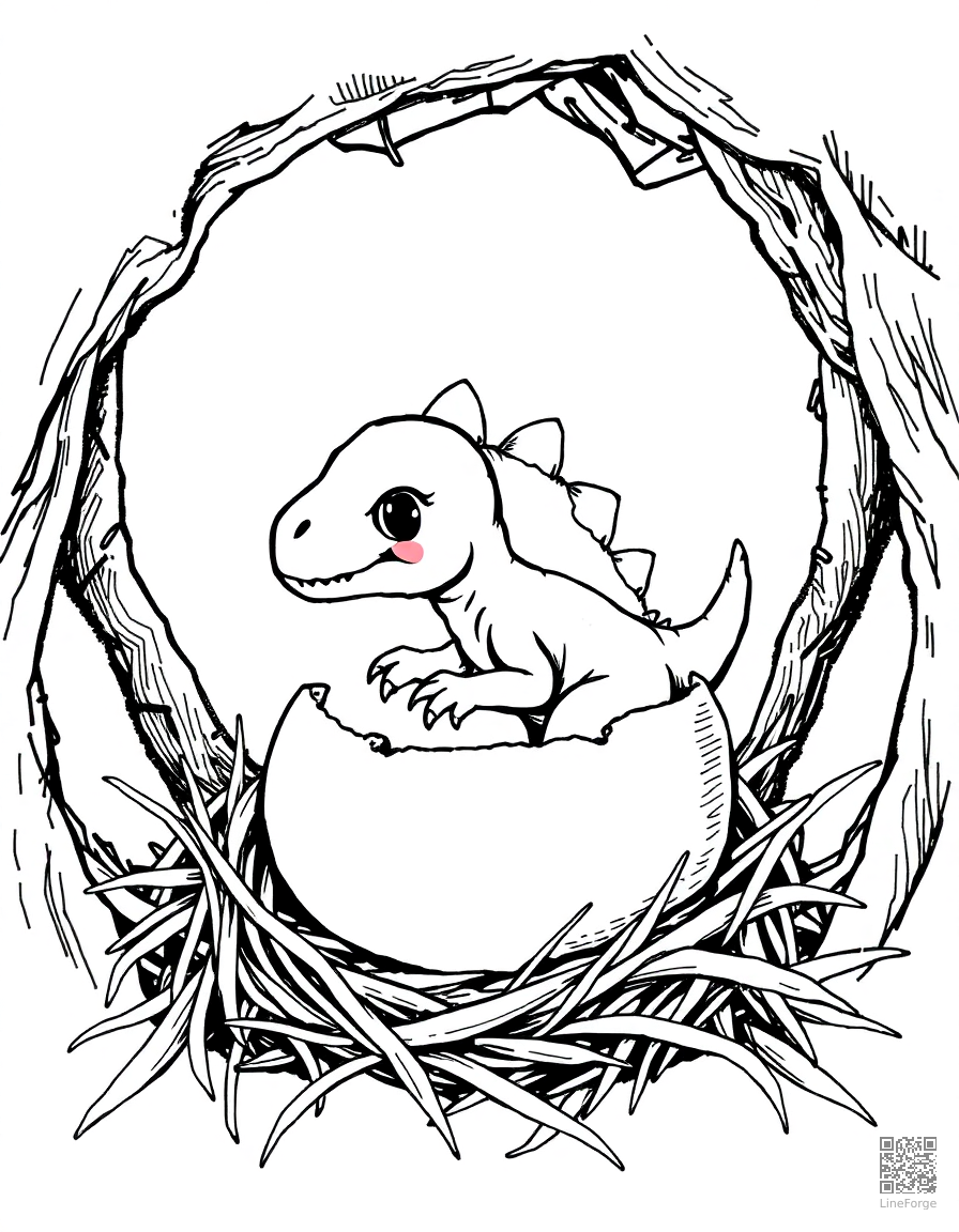 A baby dinosaur hatching from an egg in a nest coloring page Crosshatch style - free printable