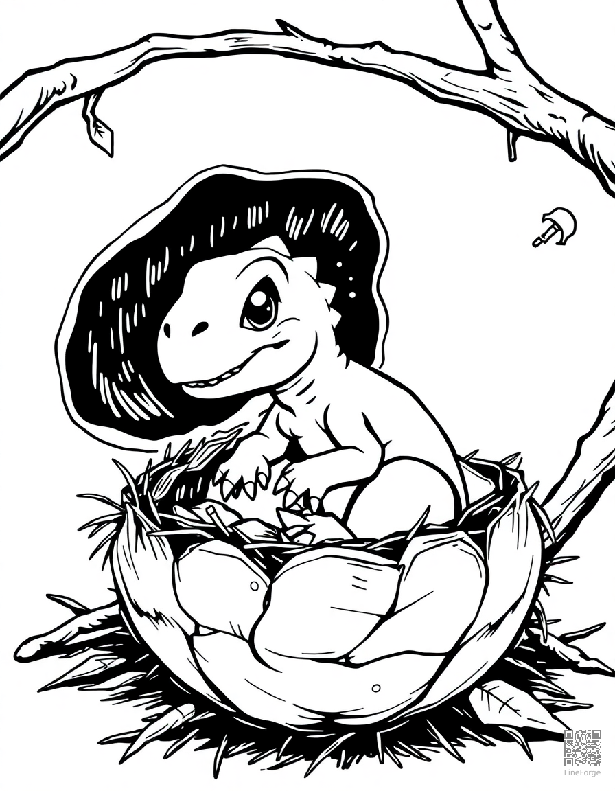 A baby dinosaur hatching from an egg in a nest coloring page Manga style - free printable