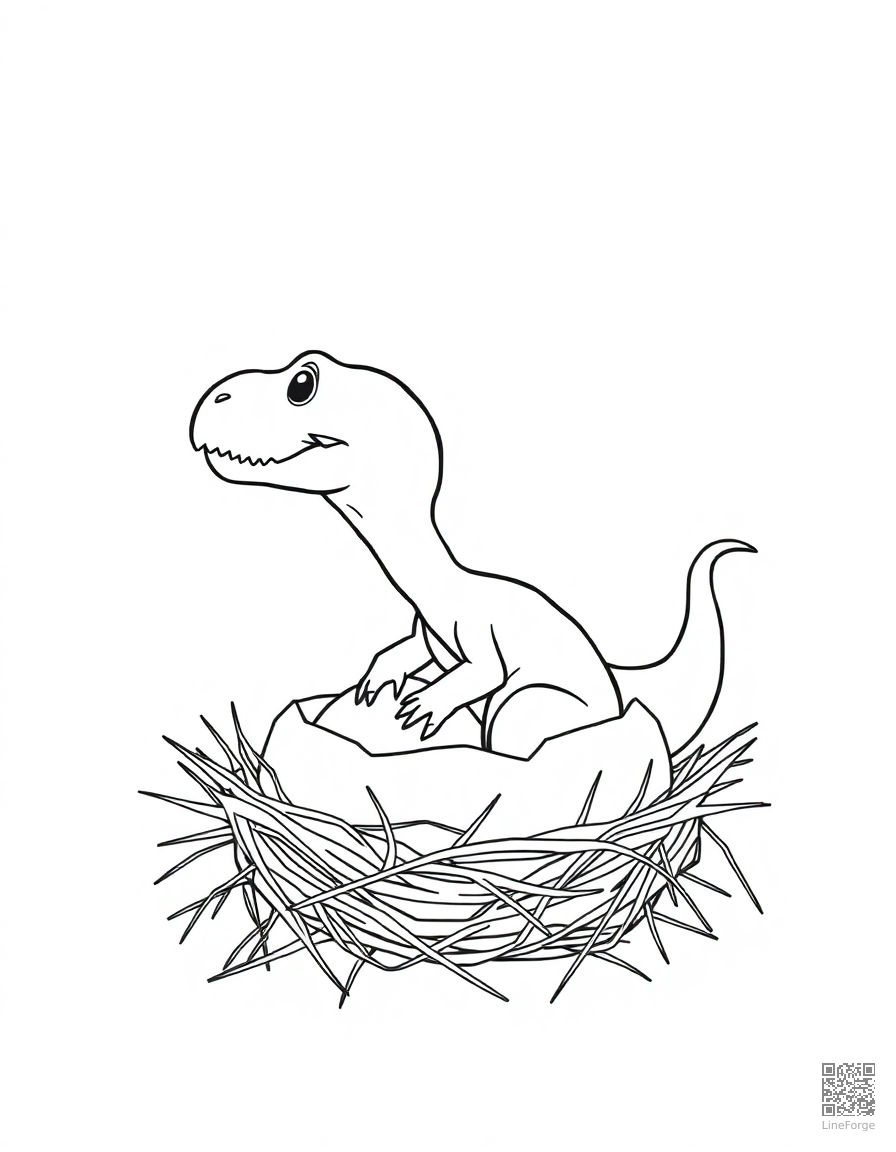 A baby dinosaur hatching from an egg in a nest coloring page Minimal style - free printable
