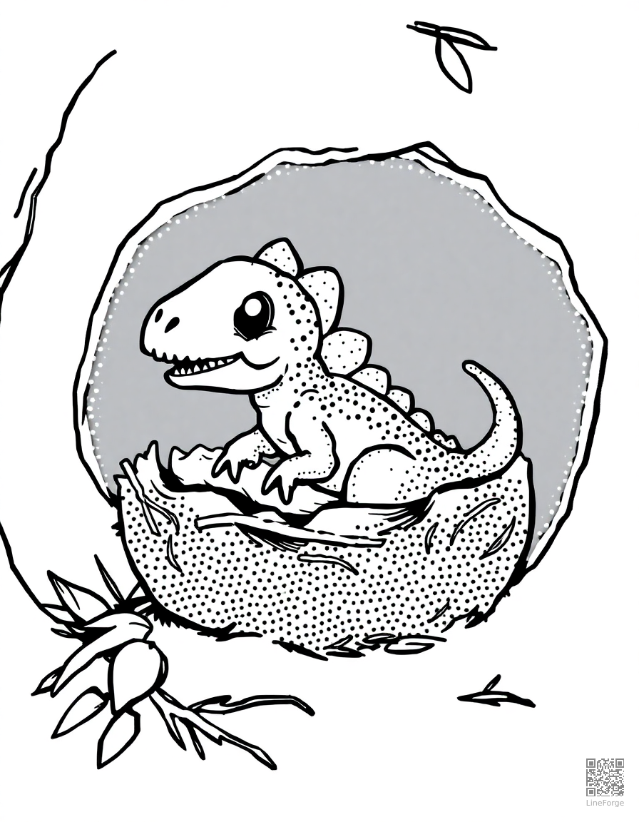 A baby dinosaur hatching from an egg in a nest coloring page Stipple style - free printable