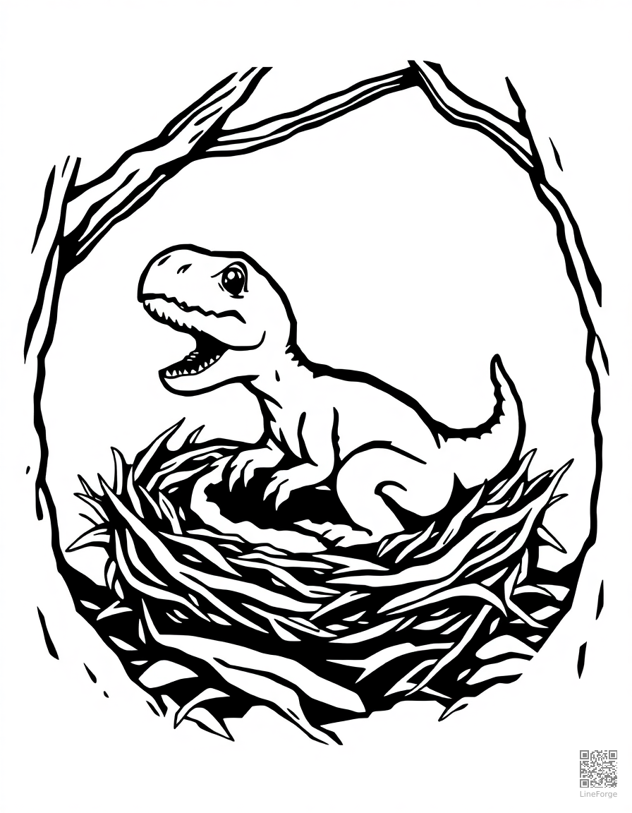 A baby dinosaur hatching from an egg in a nest coloring page Woodcut style - free printable