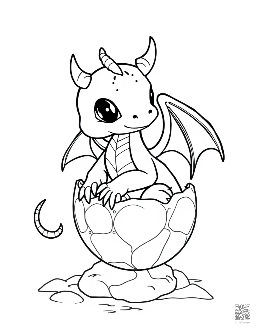 A baby dragon hatching from a crystal egg coloring page Contour style - free printable