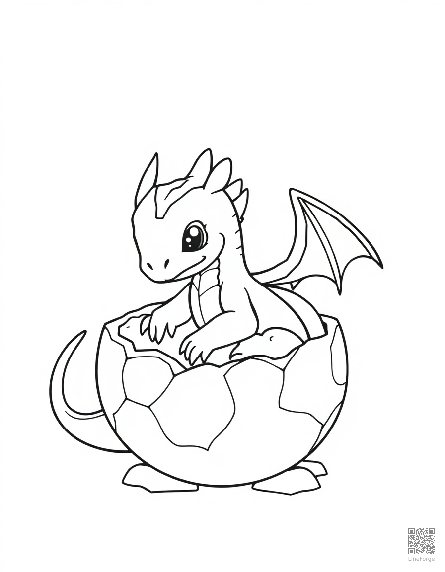 A baby dragon hatching from a crystal egg coloring page Contour style - free printable