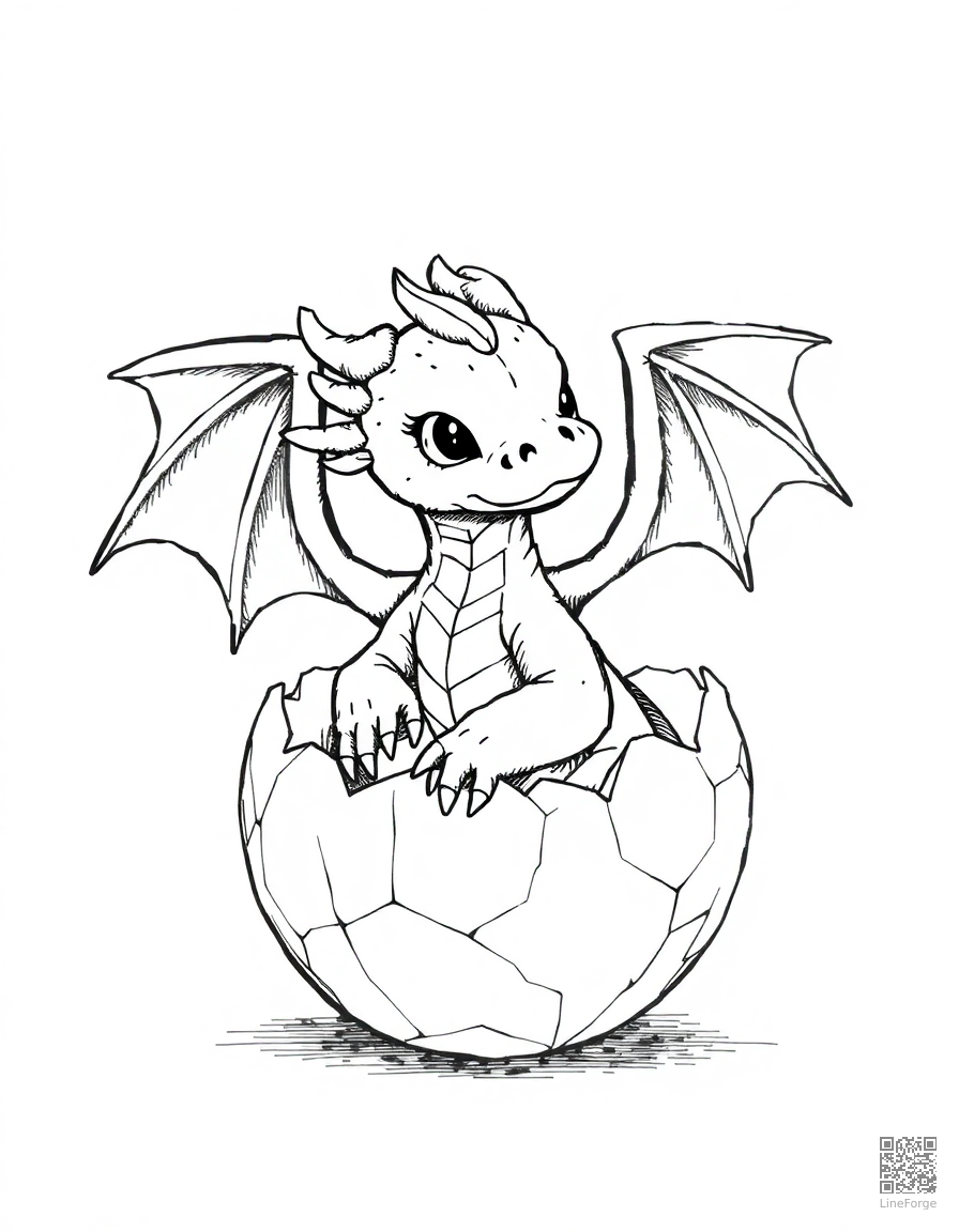 A baby dragon hatching from a crystal egg coloring page Crosshatch style - free printable