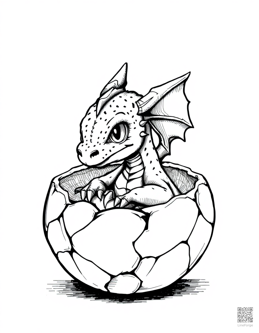 A baby dragon hatching from a crystal egg coloring page Crosshatch style - free printable