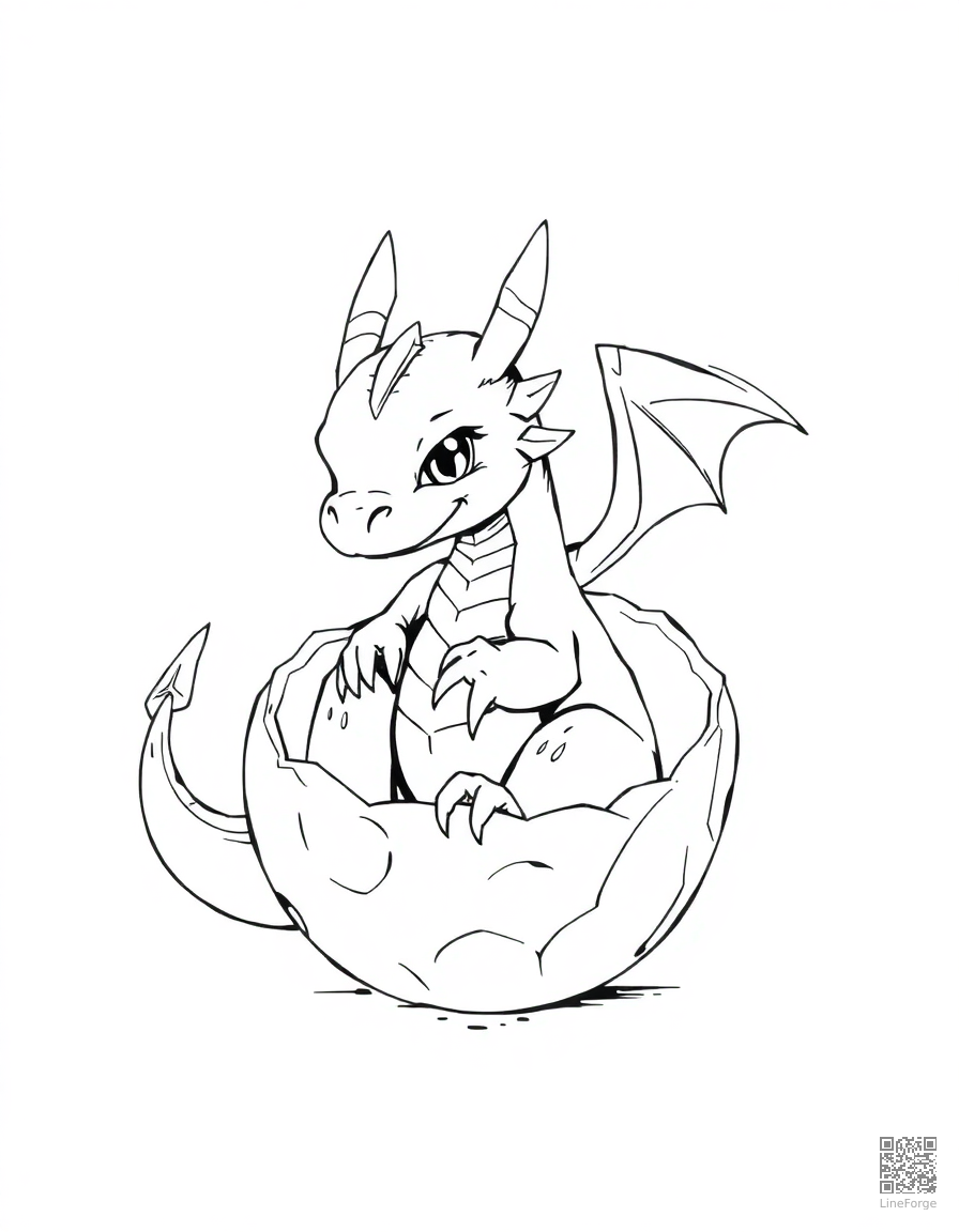 A baby dragon hatching from a crystal egg coloring page Manga style - free printable