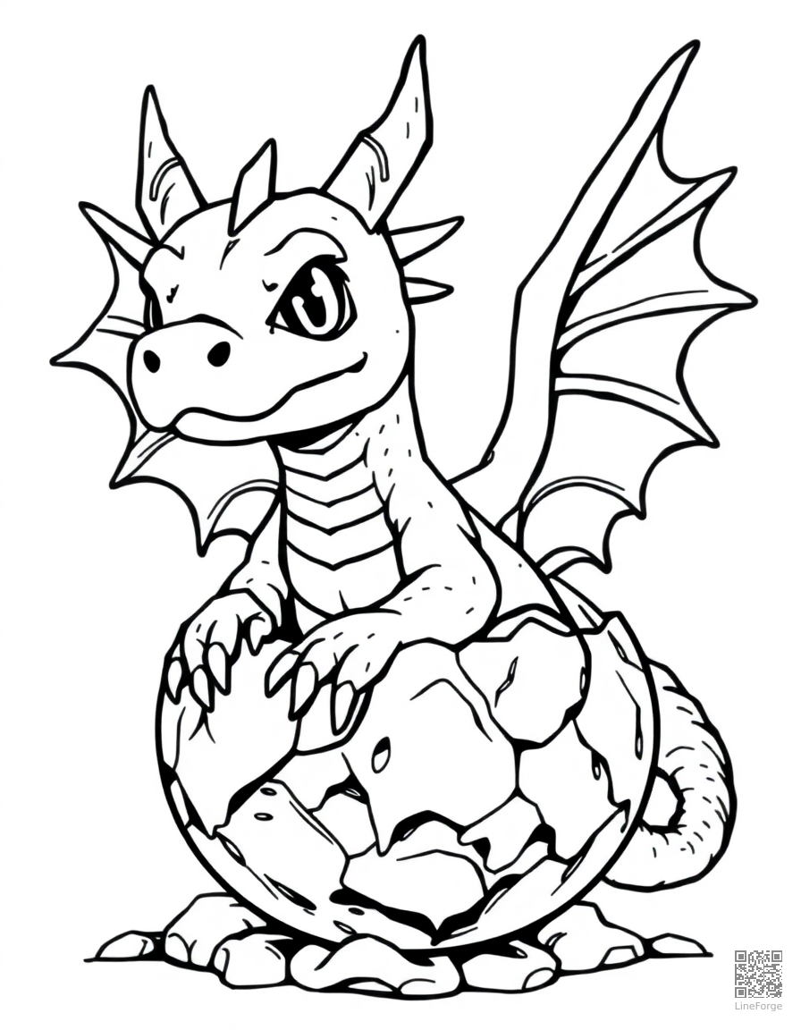 A baby dragon hatching from a crystal egg coloring page Manga style - free printable