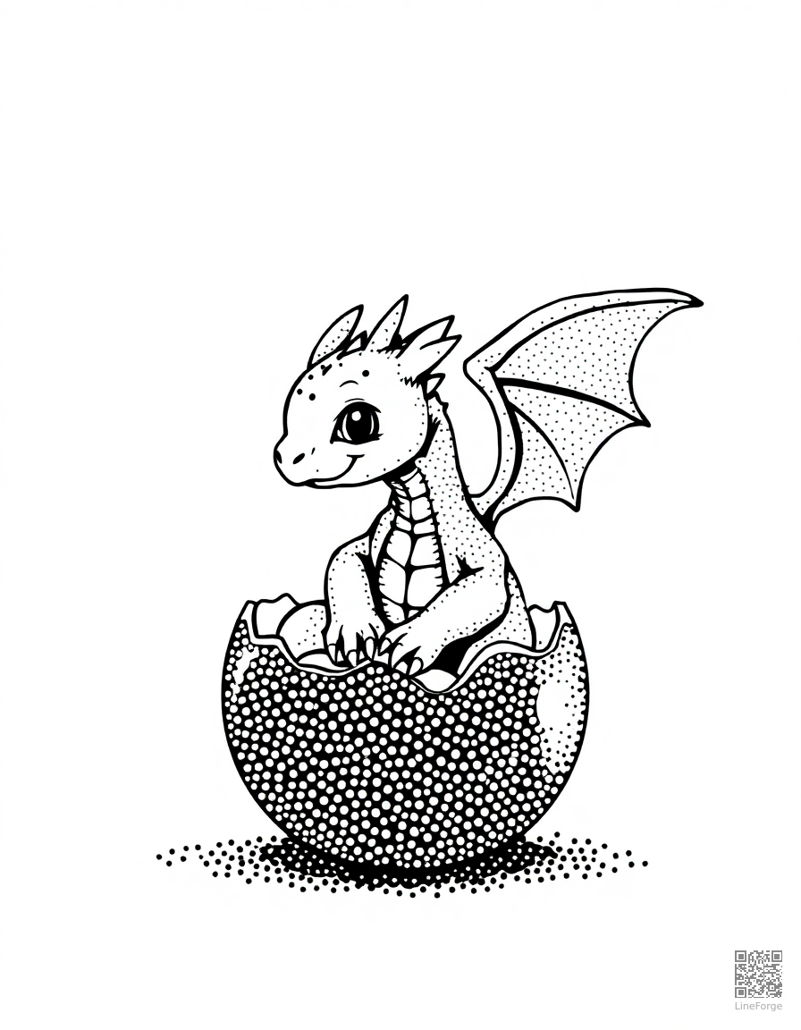 A baby dragon hatching from a crystal egg coloring page Stipple style - free printable