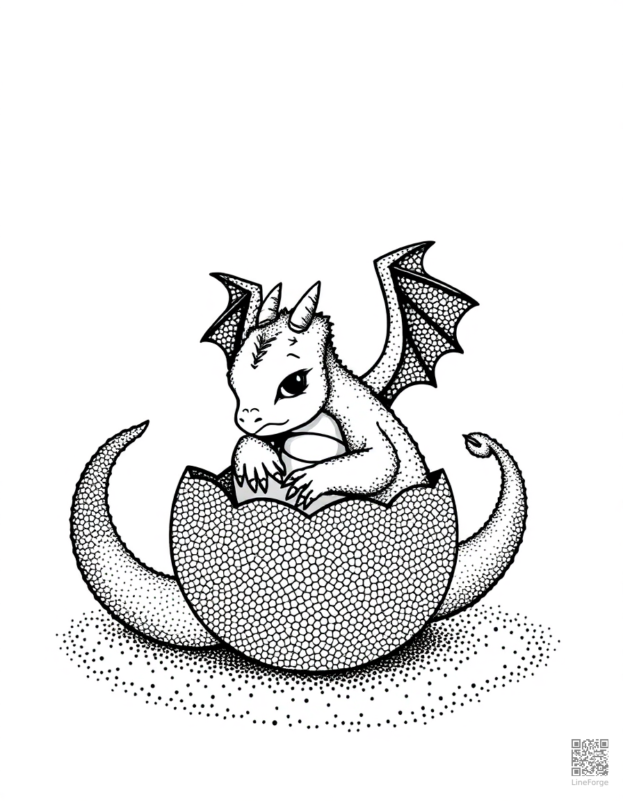 A baby dragon hatching from a crystal egg coloring page Stipple style - free printable