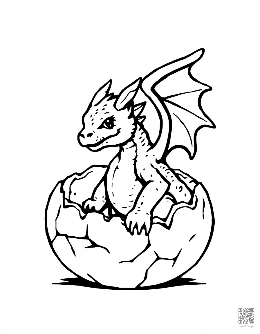 A baby dragon hatching from a crystal egg coloring page Woodcut style - free printable