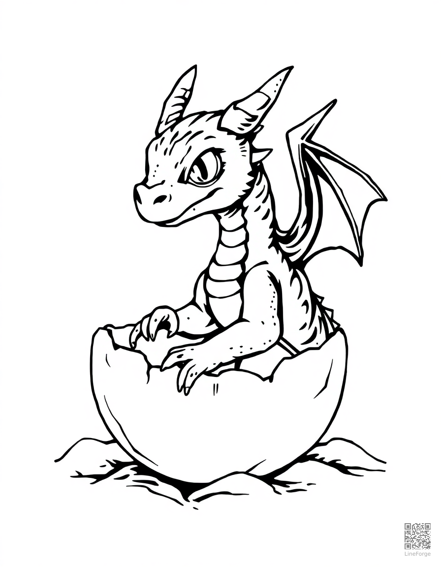 A baby dragon hatching from a crystal egg coloring page Woodcut style - free printable