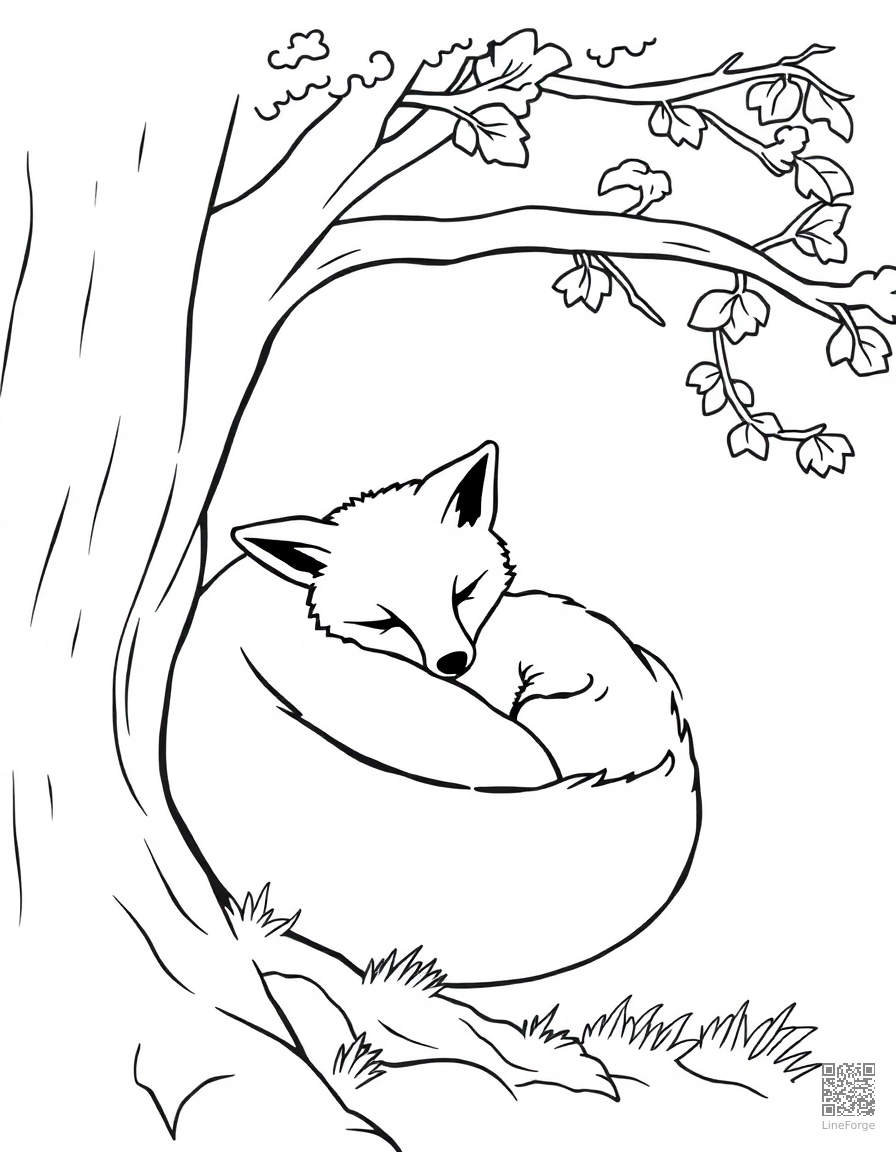 A baby fox curled up sleeping under a tree coloring page Contour style - free printable