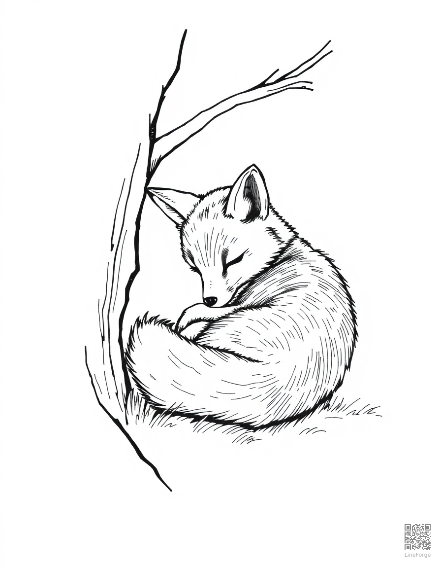 A baby fox curled up sleeping under a tree coloring page Crosshatch style - free printable