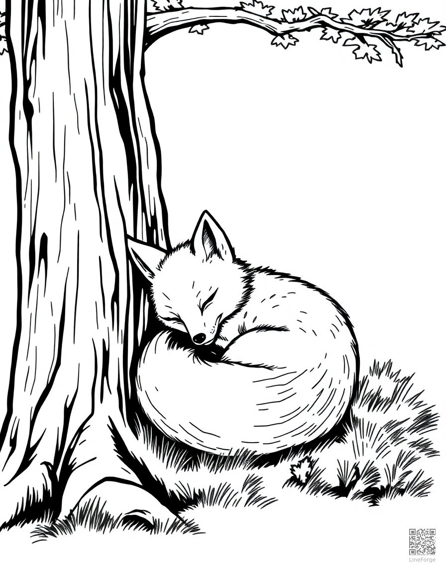 A baby fox curled up sleeping under a tree coloring page Manga style - free printable