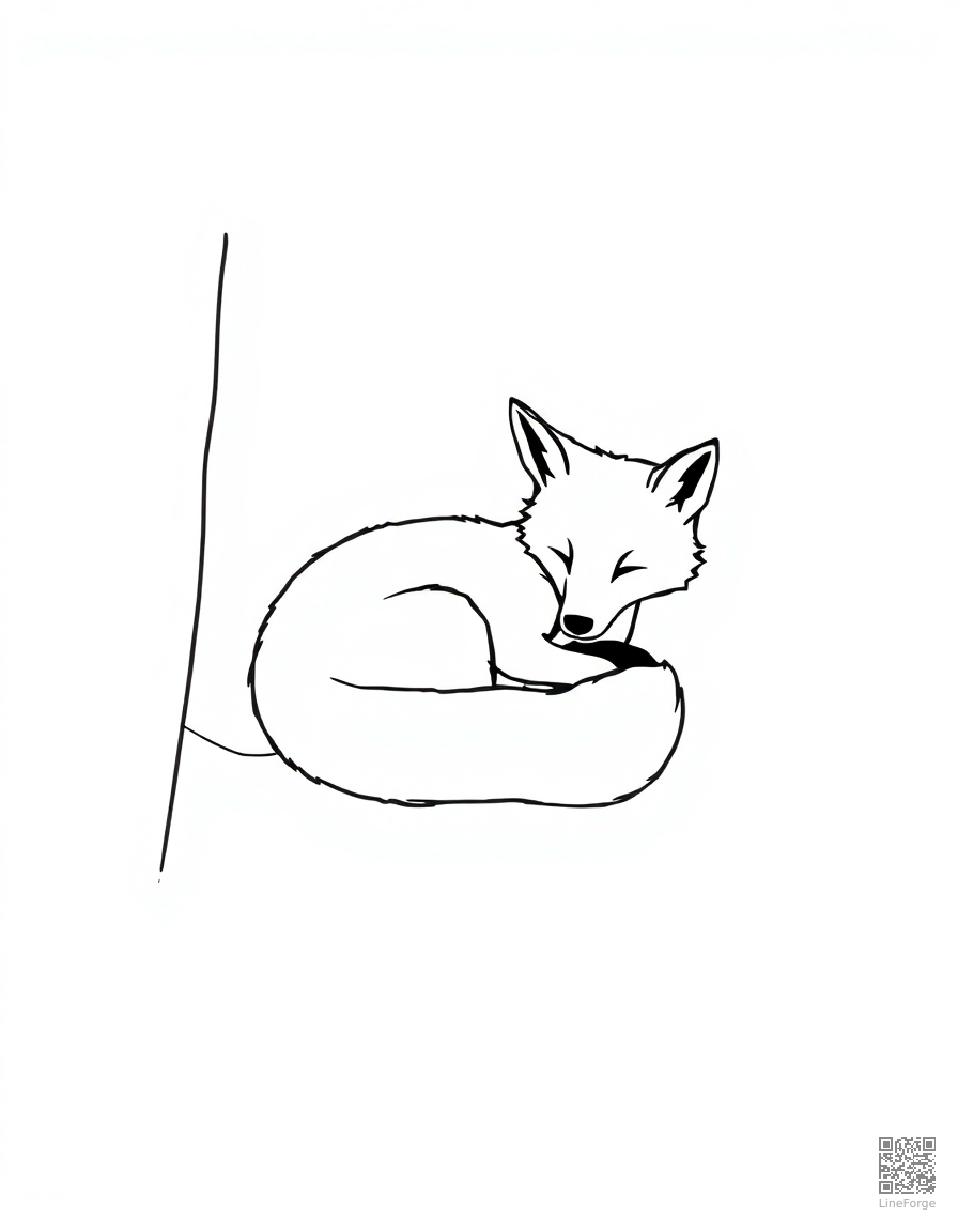 A baby fox curled up sleeping under a tree coloring page Minimal style - free printable