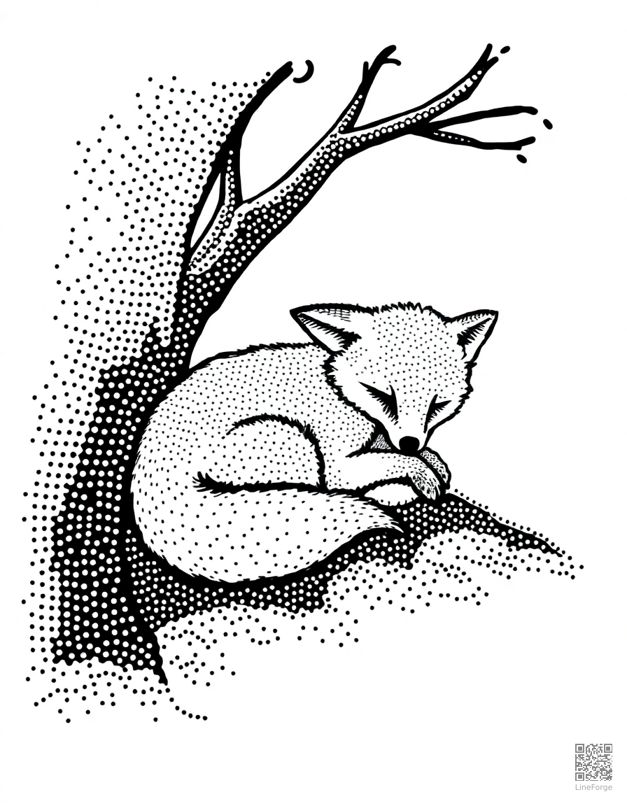 A baby fox curled up sleeping under a tree coloring page Stipple style - free printable