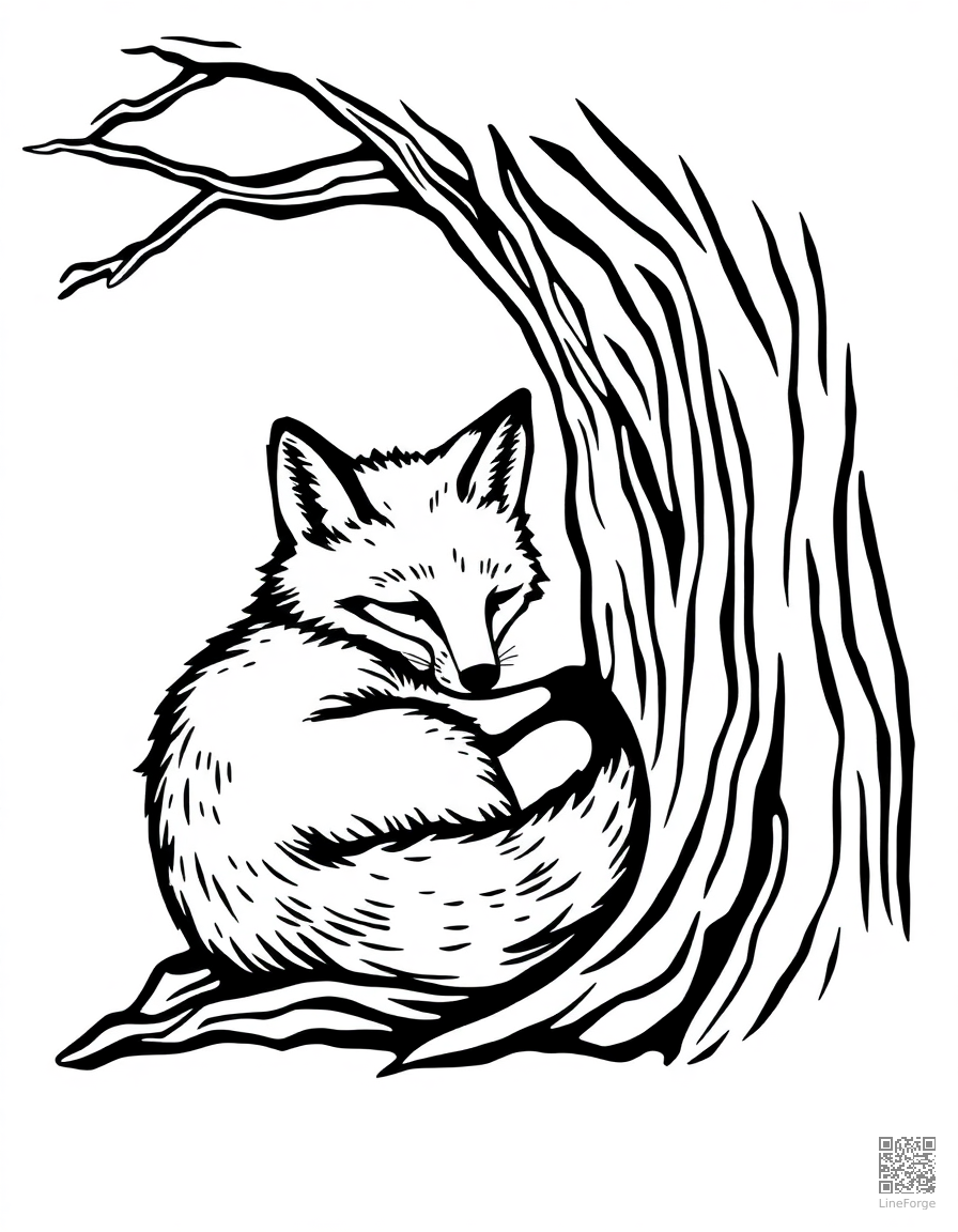 A baby fox curled up sleeping under a tree coloring page Woodcut style - free printable