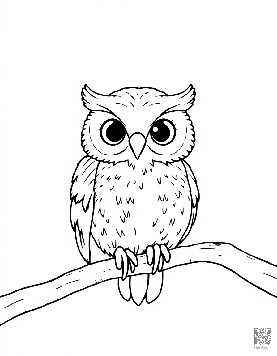 Free a baby owl perched on a branch at night coloring page in contour style — printable line art