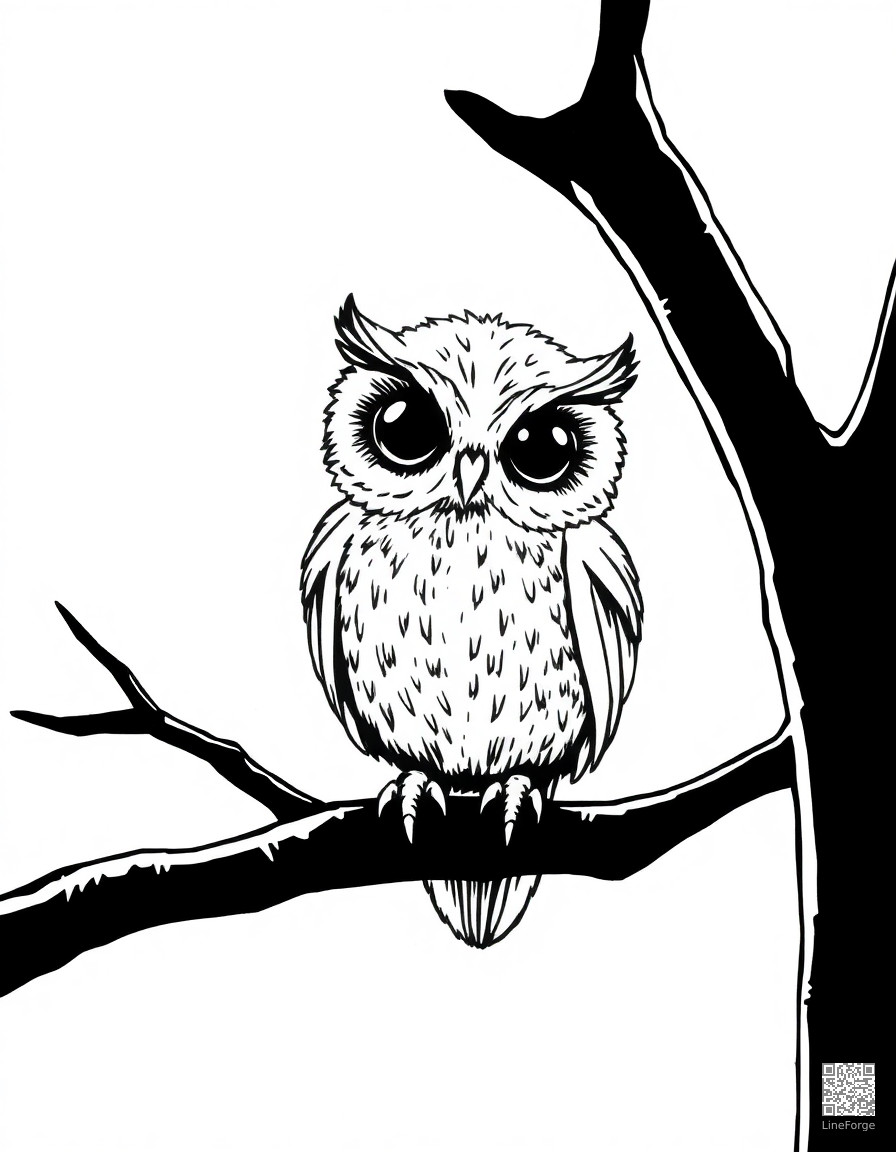 Free a baby owl perched on a branch at night coloring page in crosshatch style — printable line art