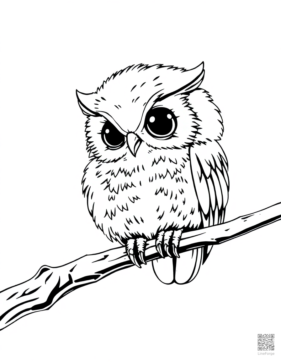 Free a baby owl perched on a branch at night coloring page in manga style — printable line art