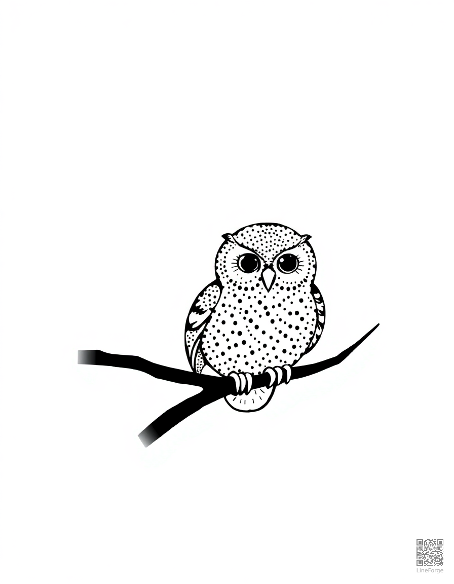 Free a baby owl perched on a branch at night coloring page in stipple style — printable line art