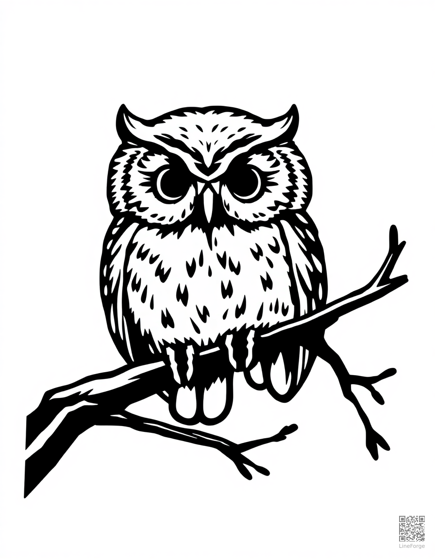 Free a baby owl perched on a branch at night coloring page in woodcut style — printable line art