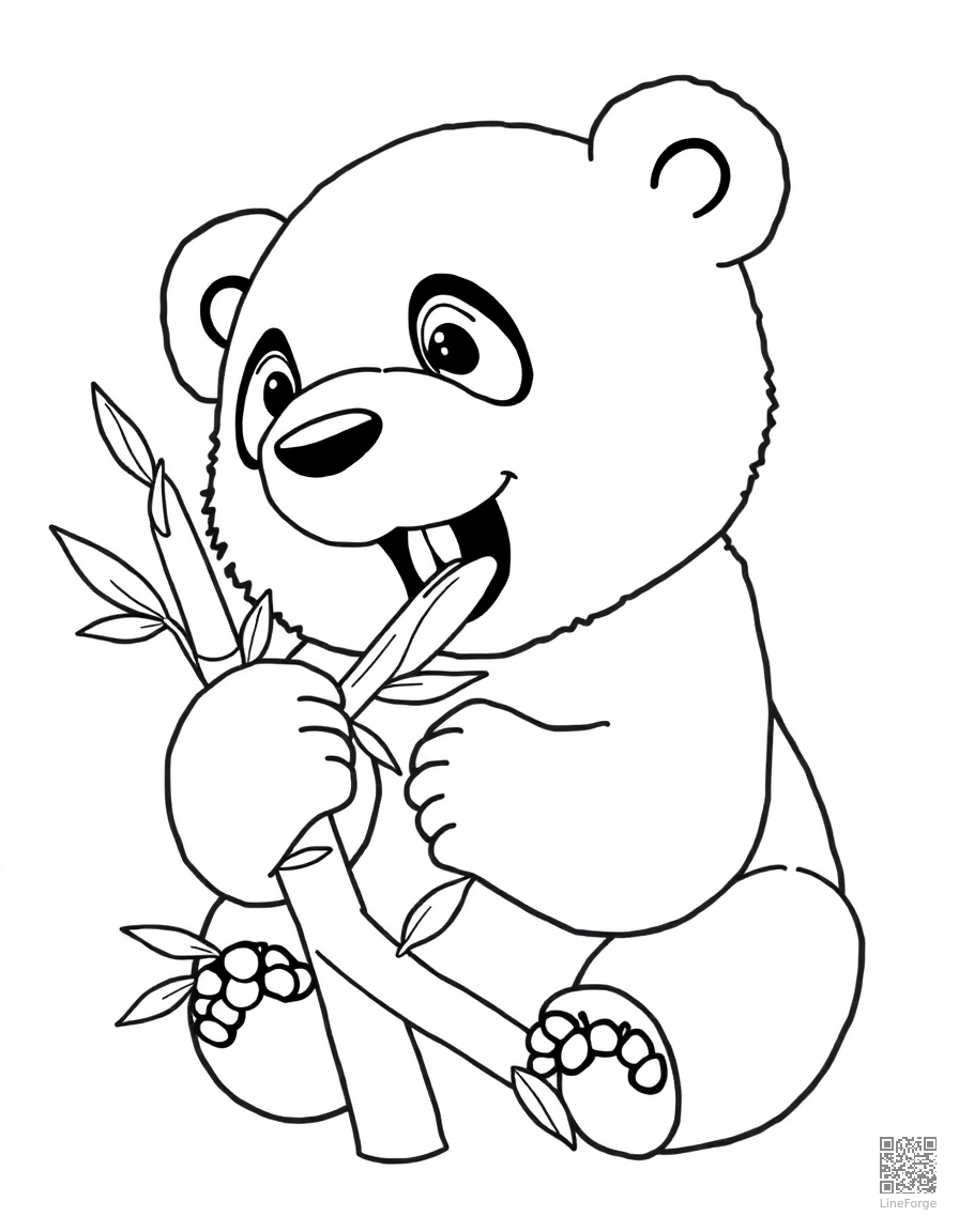 A baby panda bear eating bamboo coloring page Contour style - free printable