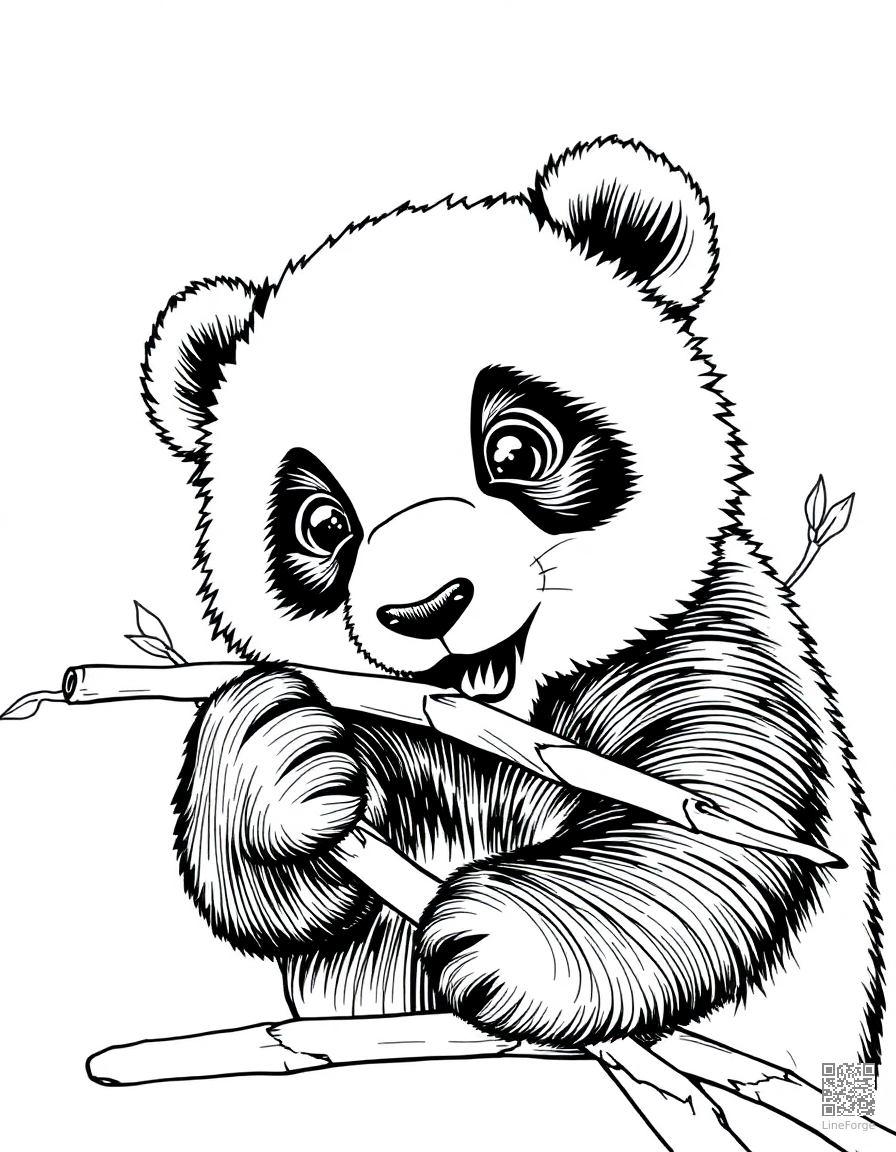 A baby panda bear eating bamboo coloring page Crosshatch style - free printable