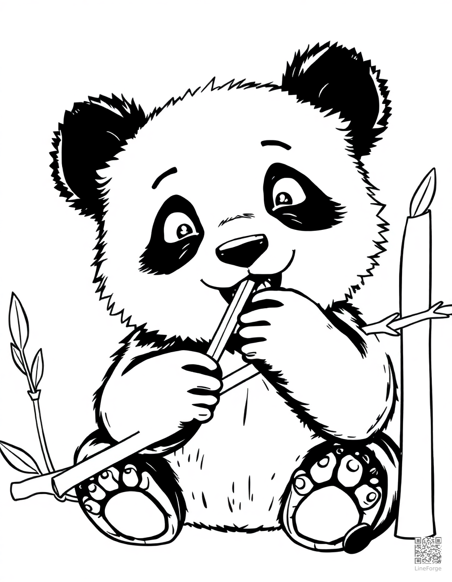 A baby panda bear eating bamboo coloring page Manga style - free printable