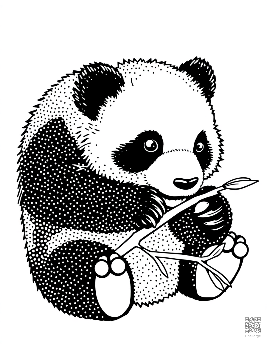 A baby panda bear eating bamboo coloring page Stipple style - free printable