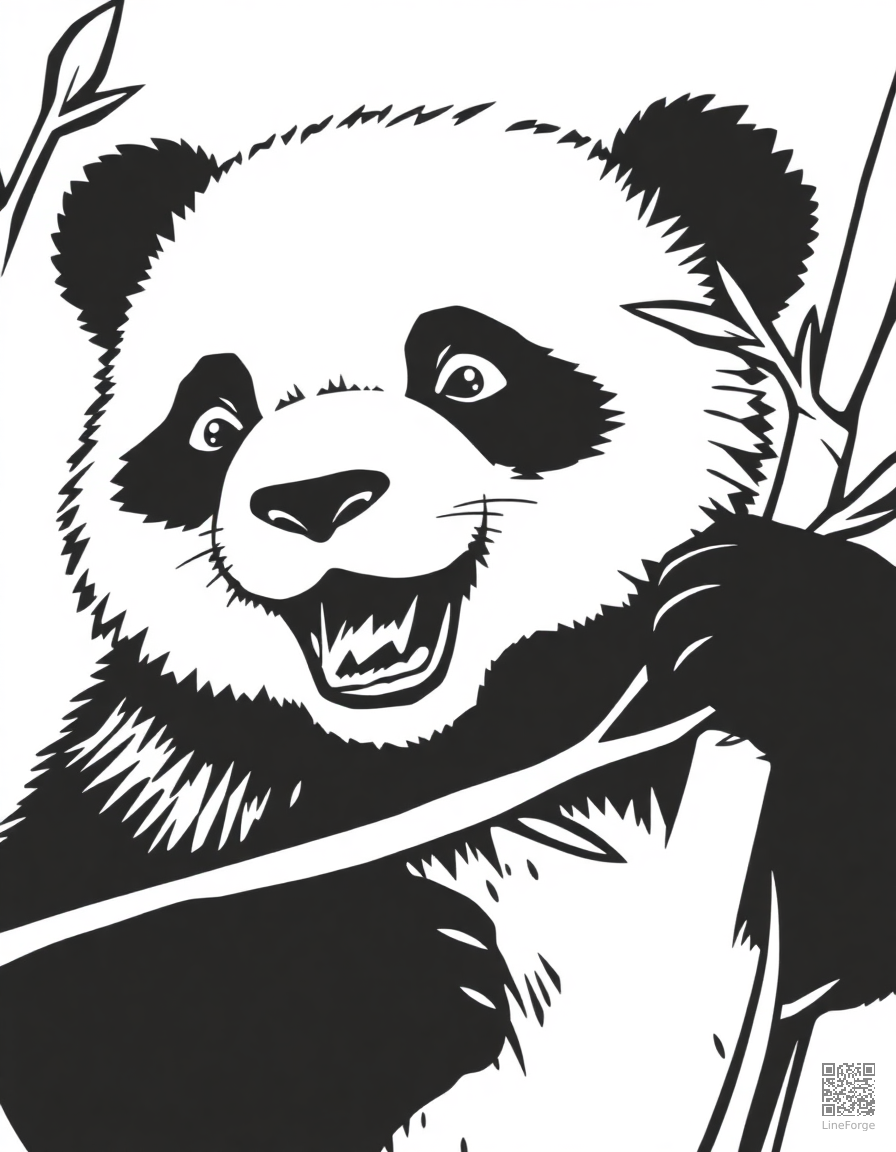 A baby panda bear eating bamboo coloring page Woodcut style - free printable