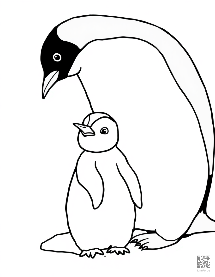A baby penguin standing on ice with its parent coloring page Contour style - free printable