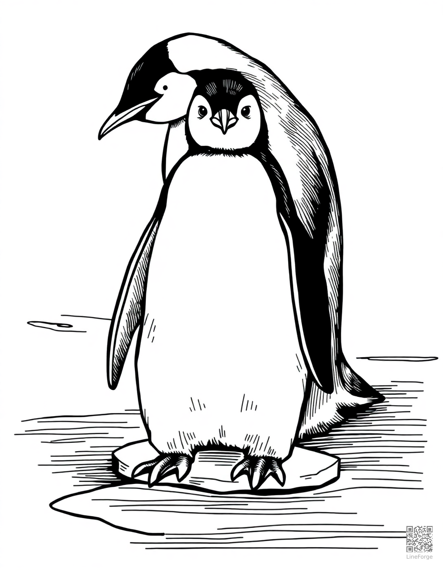 A baby penguin standing on ice with its parent coloring page Crosshatch style - free printable