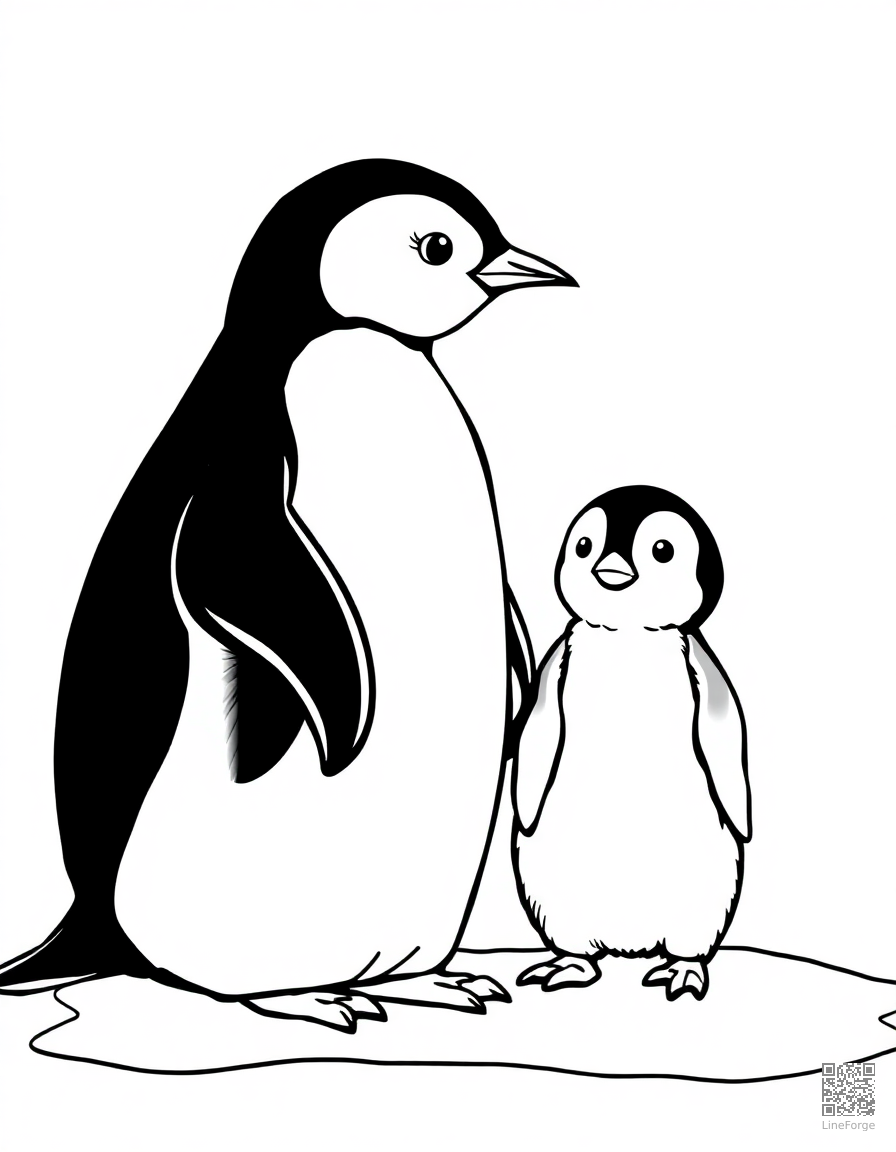 A baby penguin standing on ice with its parent coloring page Manga style - free printable