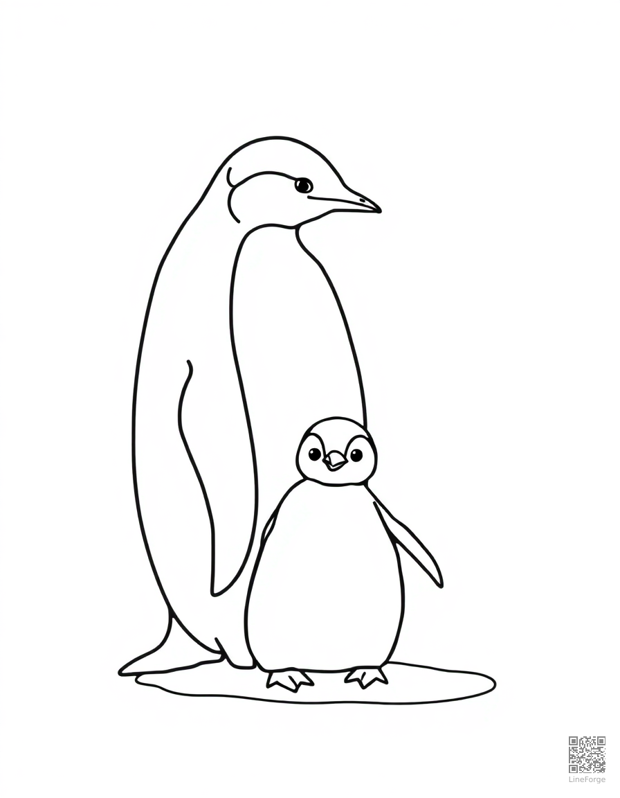A baby penguin standing on ice with its parent coloring page Minimal style - free printable
