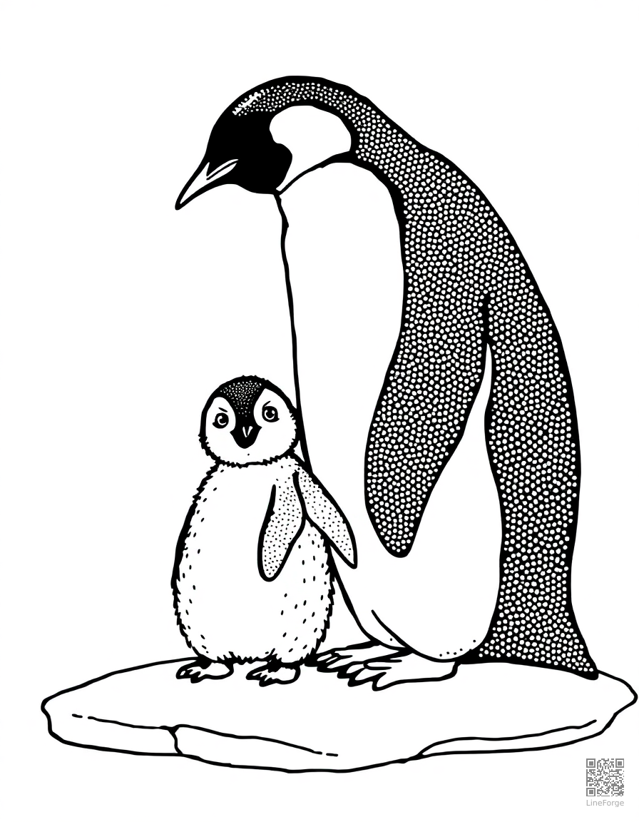 A baby penguin standing on ice with its parent coloring page Stipple style - free printable