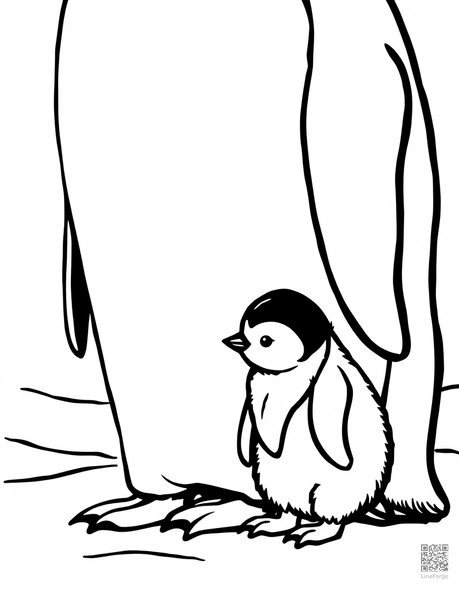 A baby penguin standing on ice with its parent coloring page Woodcut style - free printable