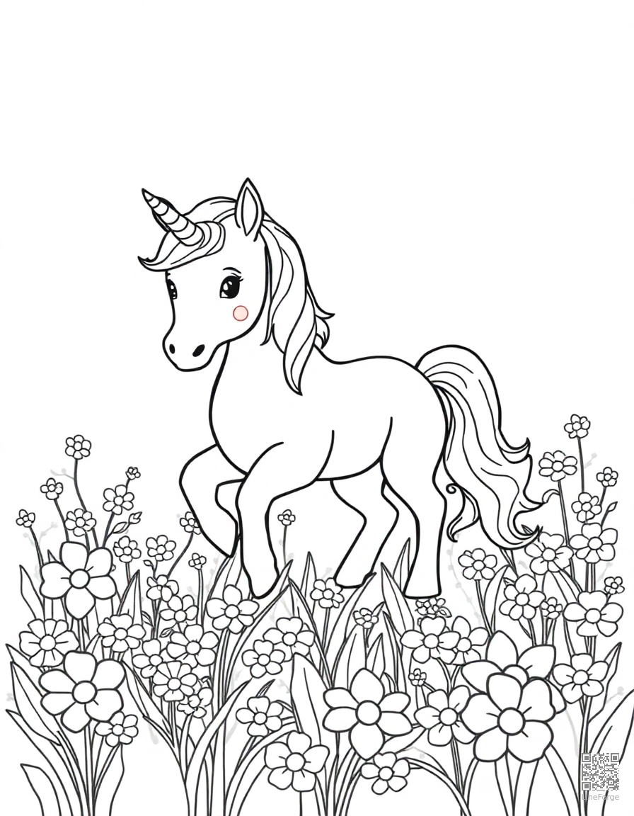 A baby unicorn playing in a field of flowers coloring page Contour style - free printable