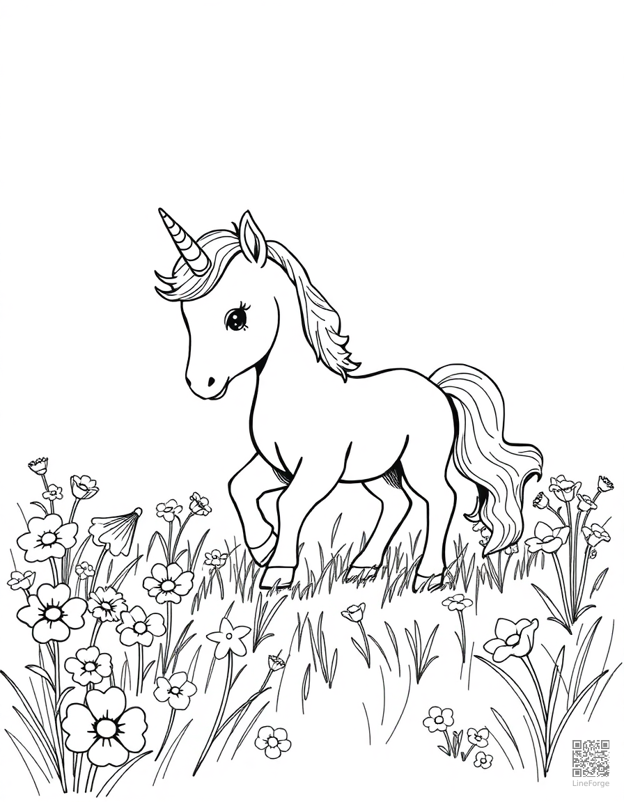 A baby unicorn playing in a field of flowers coloring page Crosshatch style - free printable