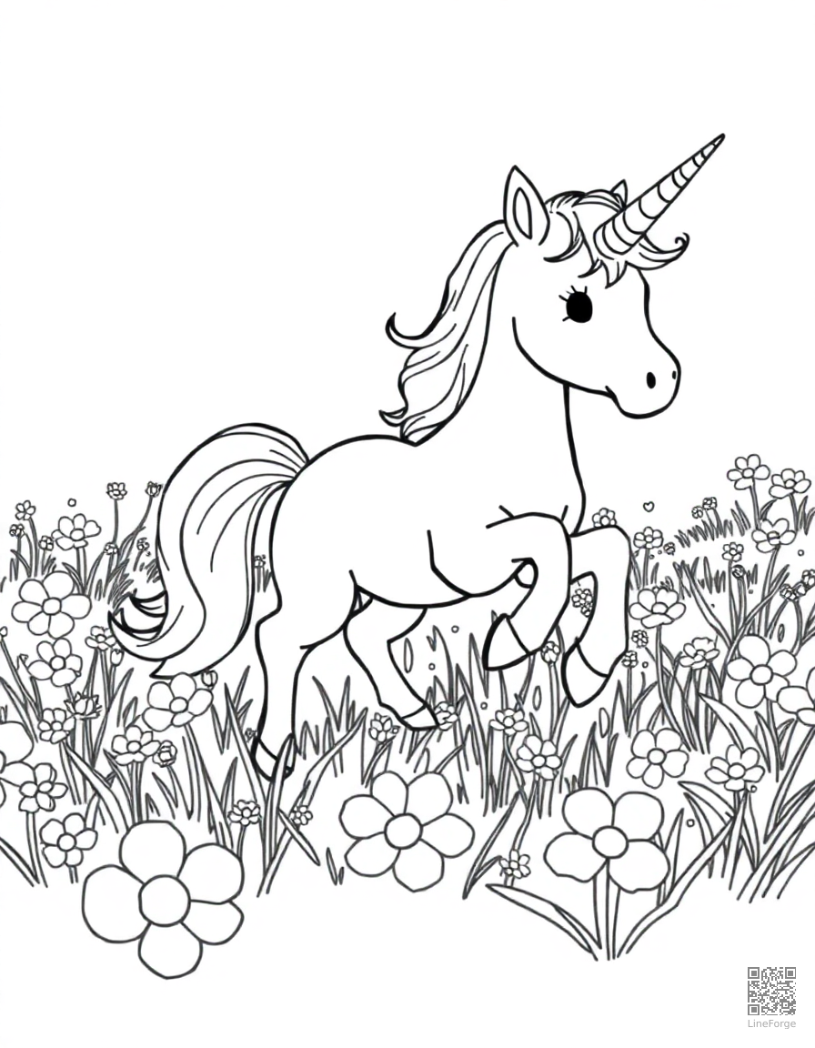 A baby unicorn playing in a field of flowers coloring page Manga style - free printable