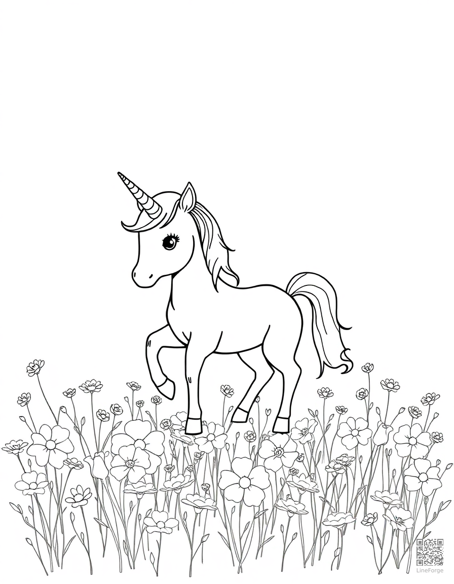 A baby unicorn playing in a field of flowers coloring page Minimal style - free printable