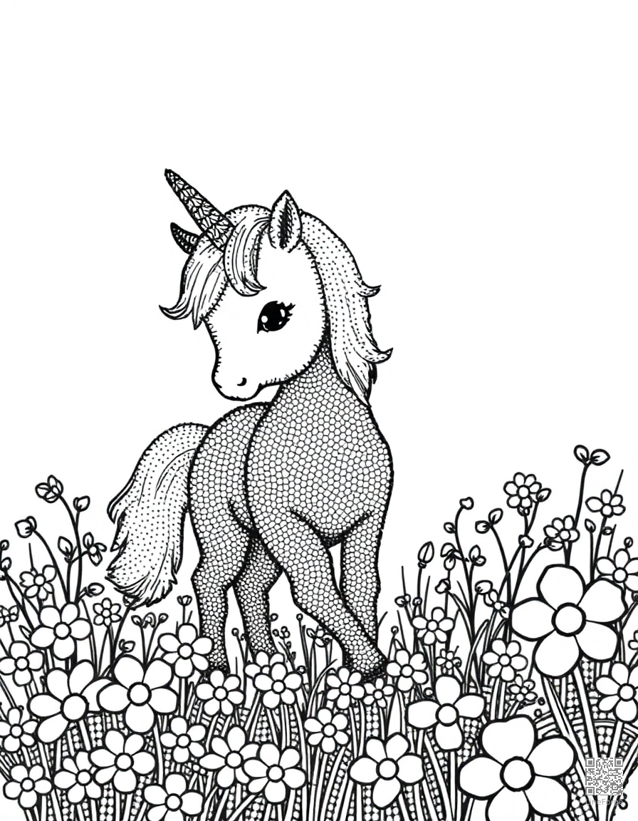 A baby unicorn playing in a field of flowers coloring page Stipple style - free printable