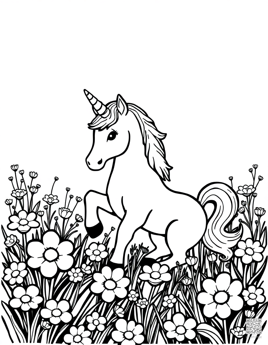 A baby unicorn playing in a field of flowers coloring page Woodcut style - free printable
