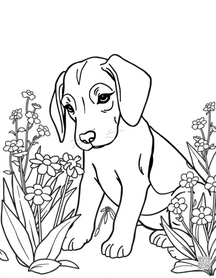 Free a beagle puppy sniffing flowers in a garden coloring page in contour style — printable line art