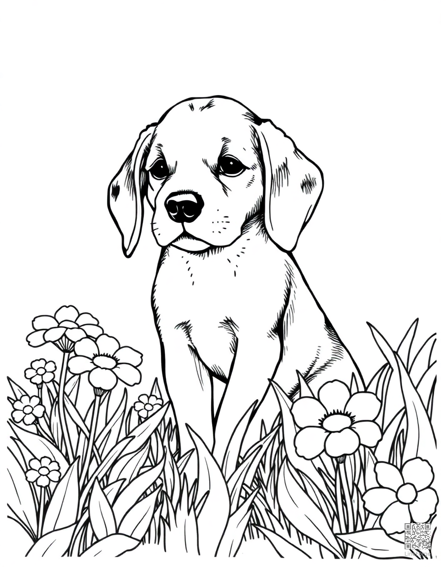 A beagle puppy sniffing flowers in a garden coloring page Crosshatch style - free printable