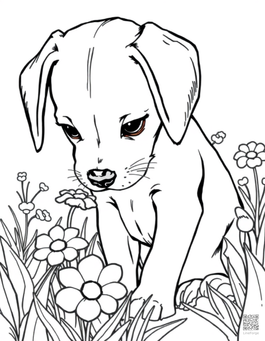 A beagle puppy sniffing flowers in a garden coloring page Manga style - free printable