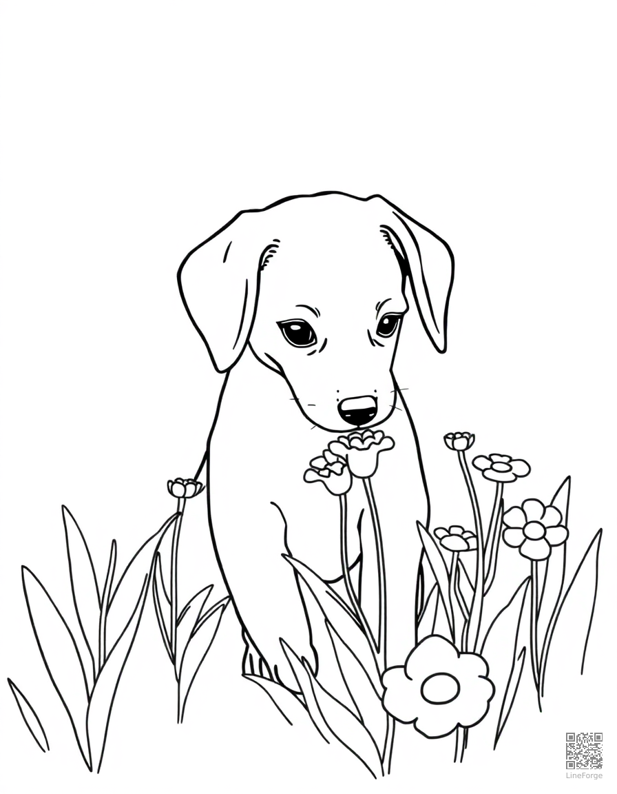 A beagle puppy sniffing flowers in a garden coloring page Minimal style - free printable