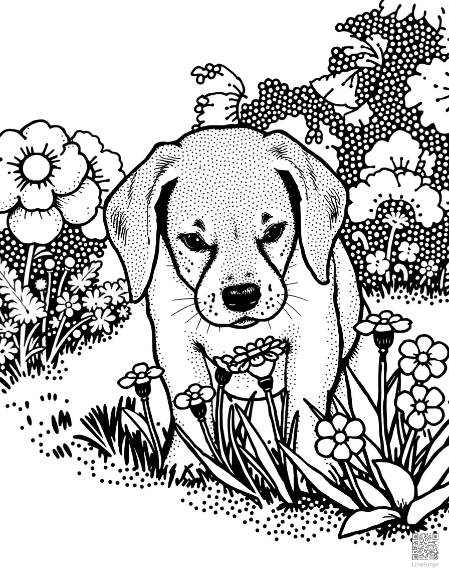 A beagle puppy sniffing flowers in a garden coloring page Stipple style - free printable
