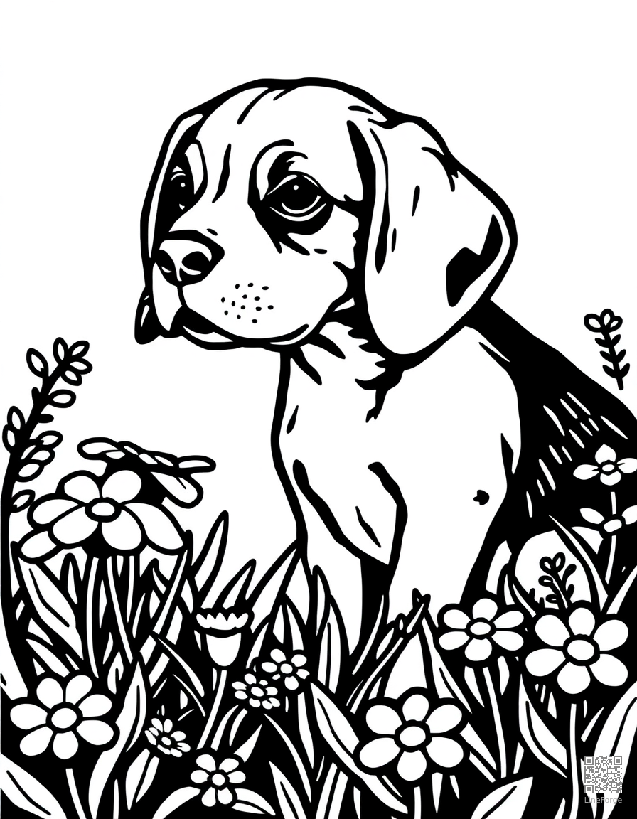 A beagle puppy sniffing flowers in a garden coloring page Woodcut style - free printable